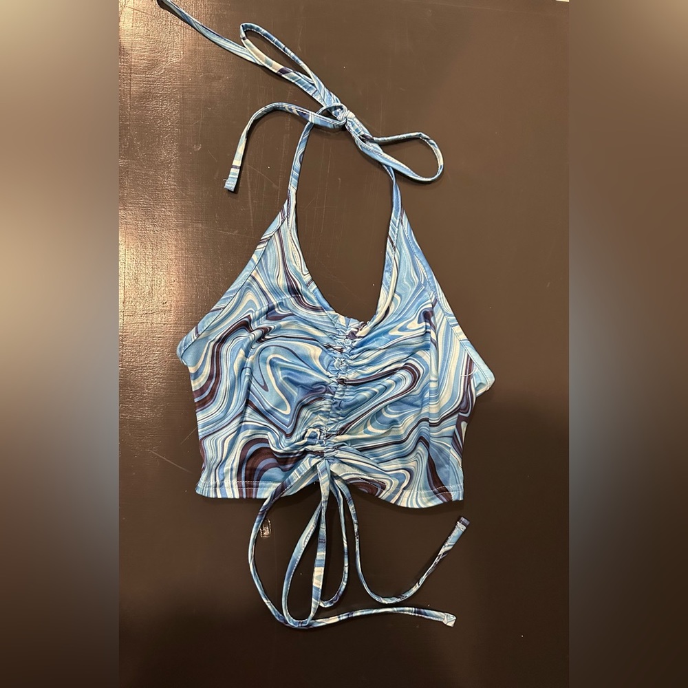 Splash Print Ruched Drawstring Knot Halter Crop Top